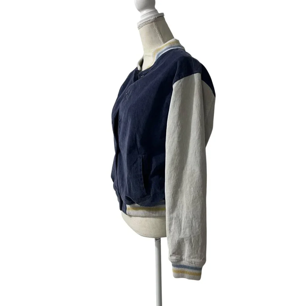 Aerie Preppy Blue Corduroy Snap Front Academia Varsity Jacket Size Small - Picture 3 of 10